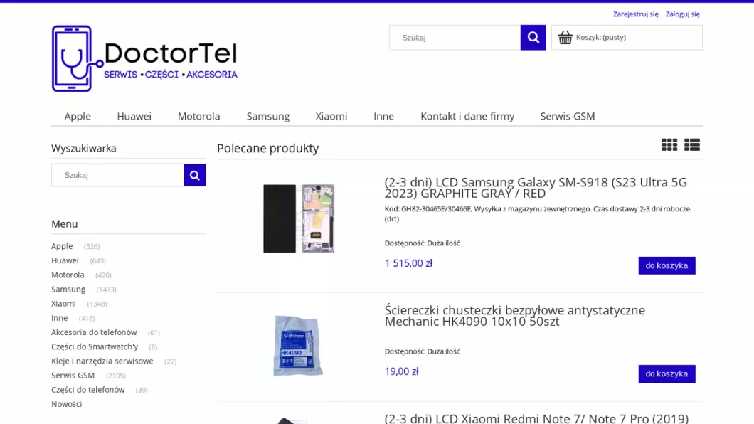 Zrzut ekranu strony DoctorTel Sklep GSM